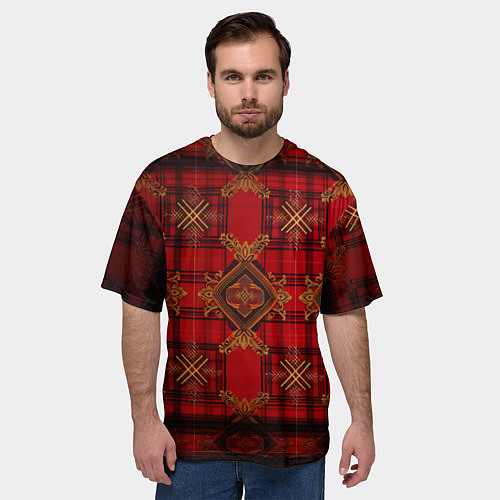 Мужская футболка оверсайз Красная шотландская клетка royal stewart / 3D-принт – фото 3