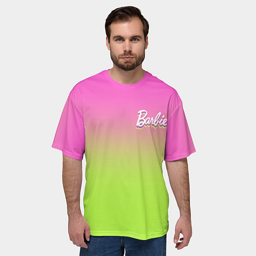 Мужская футболка оверсайз Барби: градиент розовый и ярко-зеленый / 3D-принт – фото 3