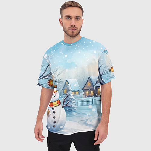 Мужская футболка оверсайз Новогодний городок и снеговики / 3D-принт – фото 3