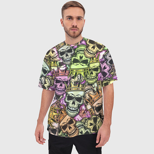 Мужская футболка оверсайз Разноцветные черепа с короной паттерн / 3D-принт – фото 3