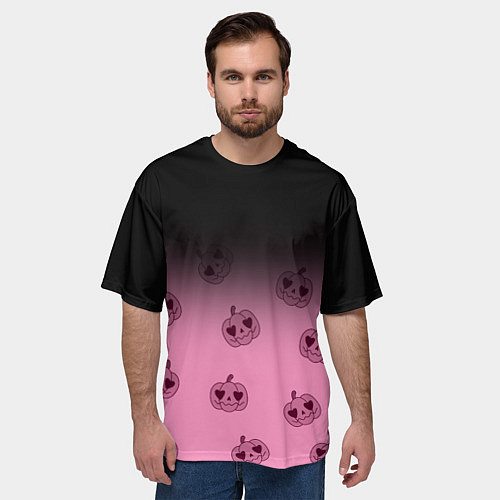 Мужская футболка оверсайз Черно-розовый градиент и хэллоуинские тыквы паттер / 3D-принт – фото 3