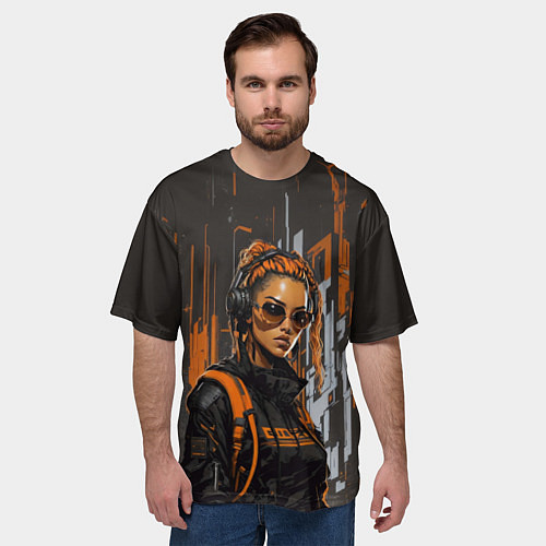 Мужская футболка оверсайз Девушка и оранжевые линии / 3D-принт – фото 3