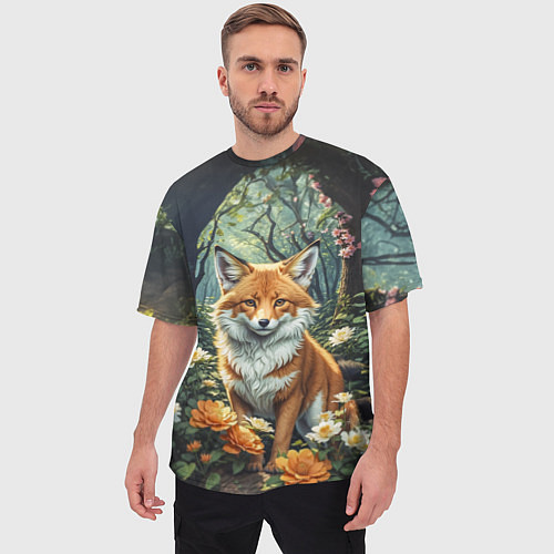Мужская футболка оверсайз Лисица в лесу в цветах / 3D-принт – фото 3