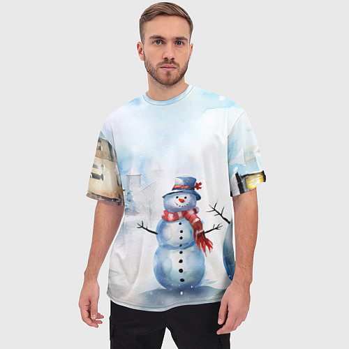 Мужская футболка оверсайз Новогодний день со снеговиком / 3D-принт – фото 3