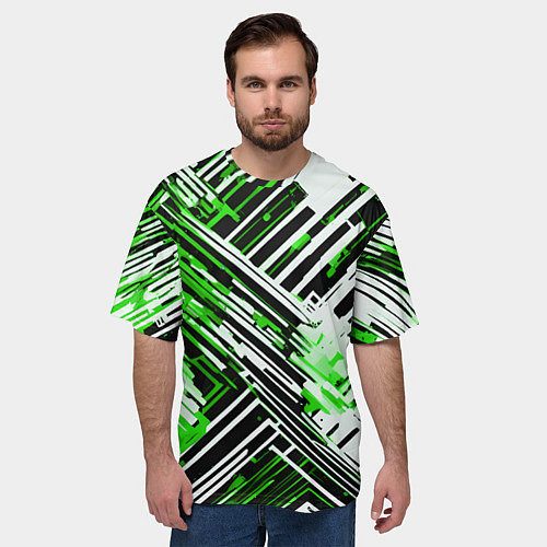 Мужская футболка оверсайз Киберпанк линии белые и зелёные / 3D-принт – фото 3