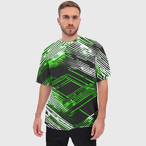 Мужская футболка оверсайз Киберпанк линии белые и зелёные / 3D-принт – фото 3