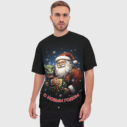 Мужская футболка оверсайз Дед мороз с драконом / 3D-принт – фото 3