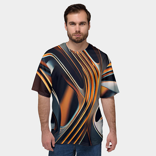 Мужская футболка оверсайз Слияние красок оранжевого и чёрного абстракция / 3D-принт – фото 3