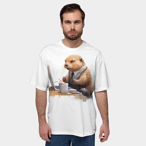 Мужская футболка оверсайз Выдра за компьютером / 3D-принт – фото 3