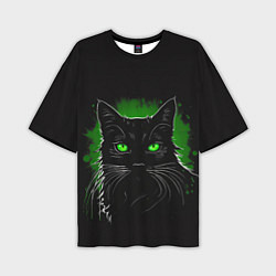 Футболка оверсайз мужская Портрет черного кота в зеленом свечении, цвет: 3D-принт