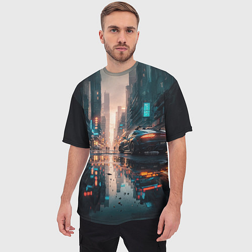 Мужская футболка оверсайз Городской пейзаж после дождя / 3D-принт – фото 3