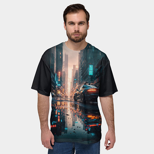 Мужская футболка оверсайз Городской пейзаж после дождя / 3D-принт – фото 3