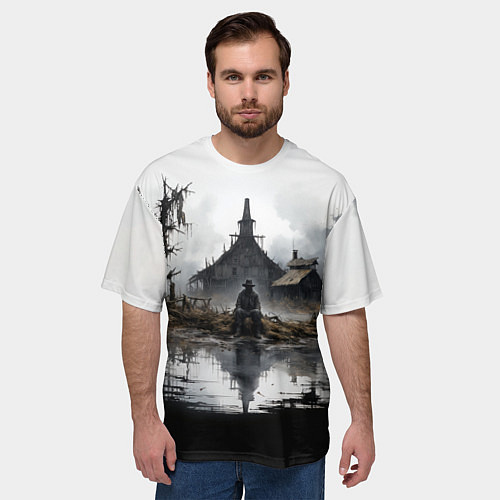 Мужская футболка оверсайз Изба на болоте / 3D-принт – фото 3