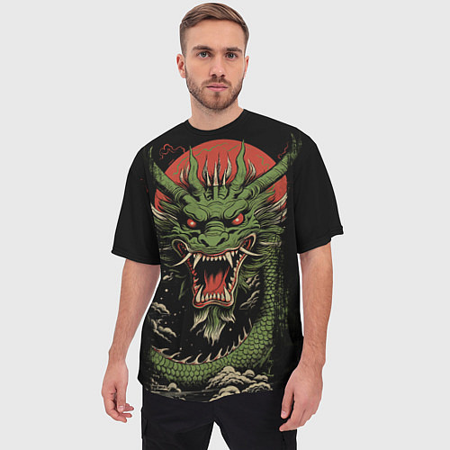 Мужская футболка оверсайз Зеленый дракон с открытой пастью / 3D-принт – фото 3