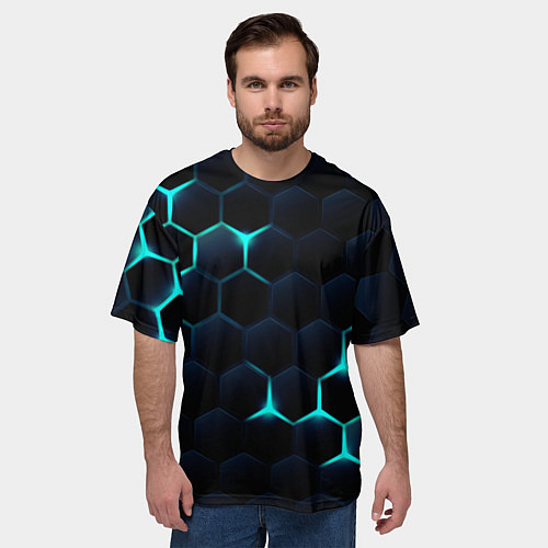 Мужская футболка оверсайз Бирюзовый сквозь чёрные соты / 3D-принт – фото 3