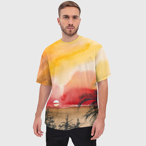 Мужская футболка оверсайз Тропический закат акварель / 3D-принт – фото 3