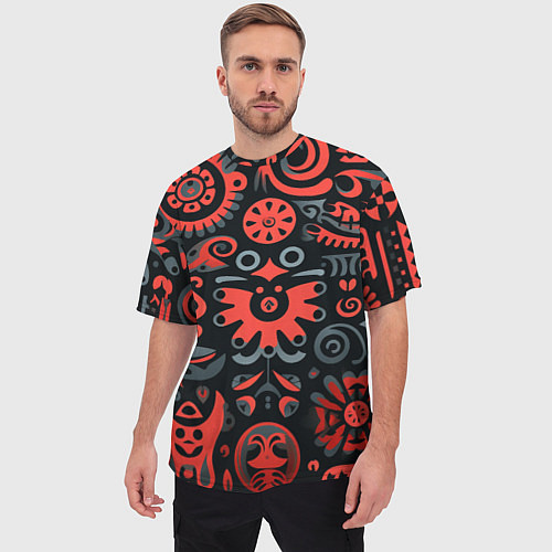 Мужская футболка оверсайз Красно-черный узор в славянском стиле / 3D-принт – фото 3