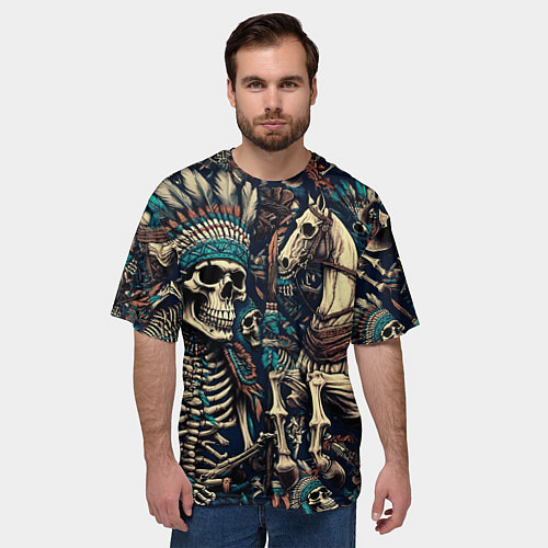 Мужская футболка оверсайз Татуировка скелета индейца и ковбоя в техасе / 3D-принт – фото 3
