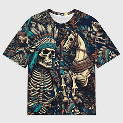 Мужская футболка оверсайз Татуировка скелета индейца и ковбоя в техасе