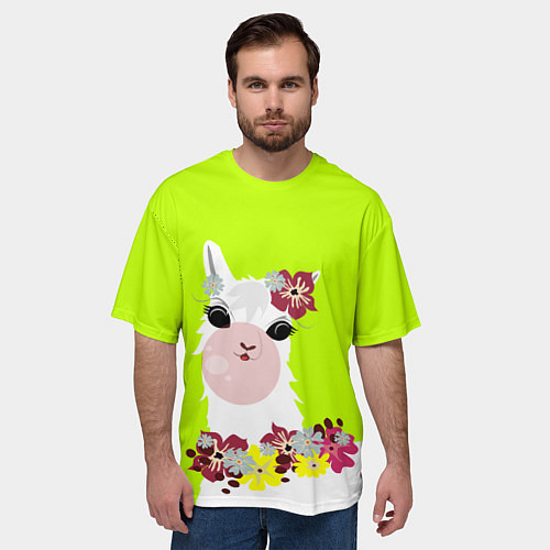 Мужская футболка оверсайз Лама - альпака в венке / 3D-принт – фото 3