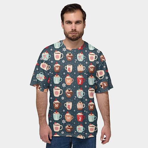 Мужская футболка оверсайз Кружки какао - зимний новогодний паттерн / 3D-принт – фото 3