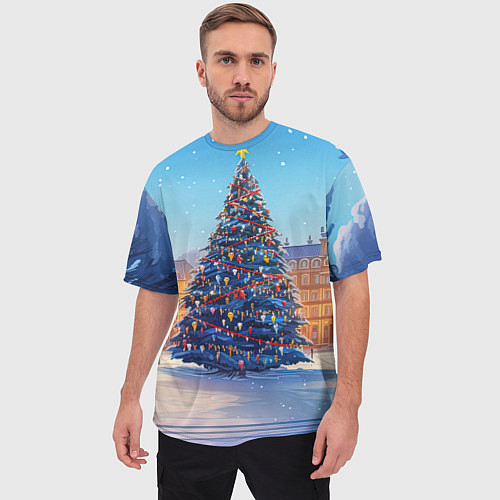 Мужская футболка оверсайз Новогодняя площадь с елкой / 3D-принт – фото 3