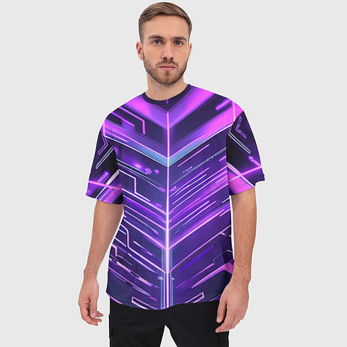 Мужская футболка оверсайз Фиолетовые неон полосы киберпанк / 3D-принт – фото 3