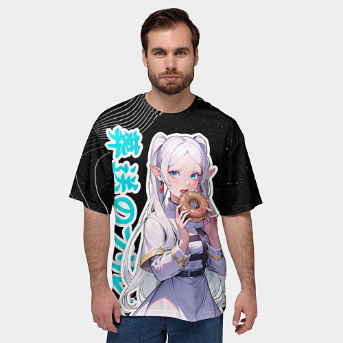 Мужская футболка оверсайз Фрирен кушает пончик / 3D-принт – фото 3