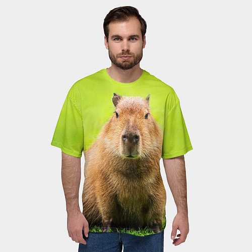 Мужская футболка оверсайз Capybara on green grass / 3D-принт – фото 3