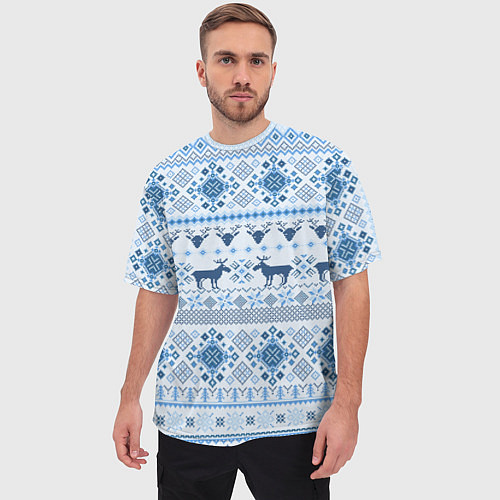 Мужская футболка оверсайз Blue sweater with reindeer / 3D-принт – фото 3