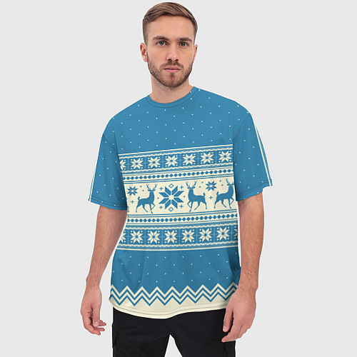 Мужская футболка оверсайз Sweater with deer on a blue background / 3D-принт – фото 3