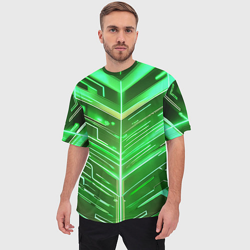 Мужская футболка оверсайз Зелёные неон полосы киберпанк / 3D-принт – фото 3