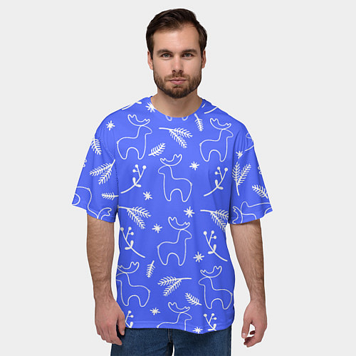 Мужская футболка оверсайз Синий рождественский принт с оленями / 3D-принт – фото 3