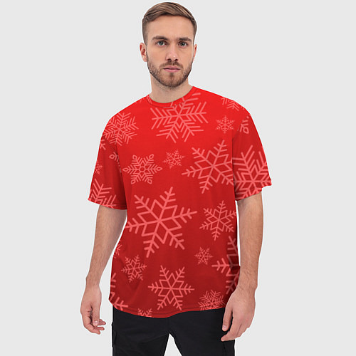 Мужская футболка оверсайз Красные снежинки / 3D-принт – фото 3