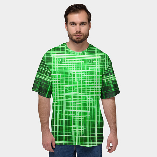 Мужская футболка оверсайз Зелёные неоновые полосы киберпанк / 3D-принт – фото 3