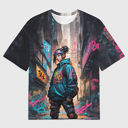 Футболка оверсайз мужская Японская девушка в худи, цвет: 3D-принт