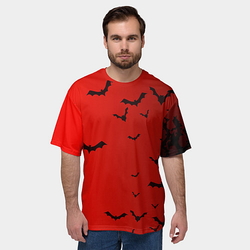 Мужская футболка оверсайз Летучие мыши на красном фоне / 3D-принт – фото 3