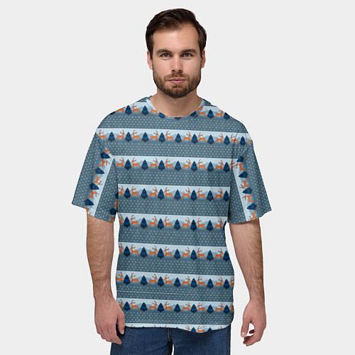 Мужская футболка оверсайз Олени в синем лесу / 3D-принт – фото 3