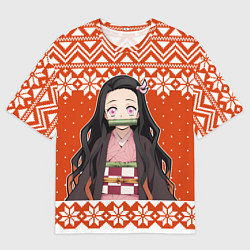 Футболка оверсайз мужская Незуко комадо свитер новогодний, цвет: 3D-принт