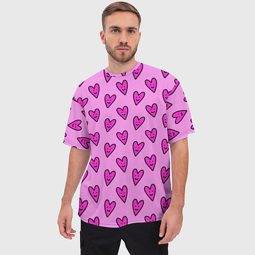 Мужская футболка оверсайз Розовые сердечки каракули / 3D-принт – фото 3