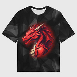 Мужская футболка оверсайз Красный дракон на полигональном черном фоне