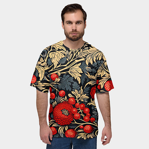 Мужская футболка оверсайз Новогодние ягодки и узоры / 3D-принт – фото 3