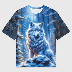 Мужская футболка оверсайз Волк в зимнем ночном лесу