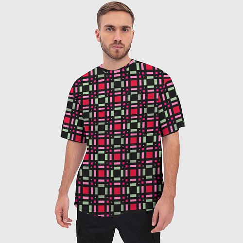 Мужская футболка оверсайз Красно-черный зеленый геометрический узор / 3D-принт – фото 3