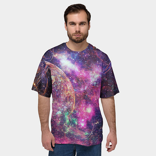 Мужская футболка оверсайз Пурпурные космические туманности со звездами / 3D-принт – фото 3