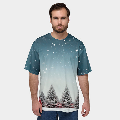 Мужская футболка оверсайз Волшебство зимней природы иней на деревьях / 3D-принт – фото 3