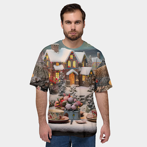 Мужская футболка оверсайз Объемные новогодние домики / 3D-принт – фото 3