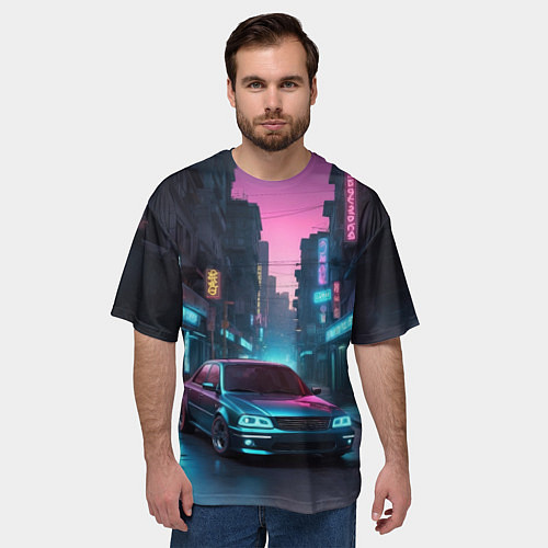 Мужская футболка оверсайз Автомобиль на закате дня / 3D-принт – фото 3