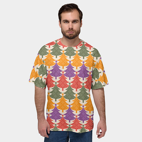 Мужская футболка оверсайз Новогодние разноцветные ёлочки / 3D-принт – фото 3