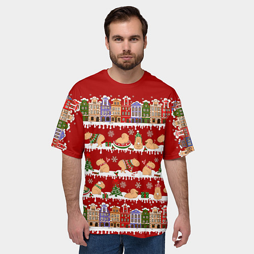 Мужская футболка оверсайз Капибара на Новый год / 3D-принт – фото 3